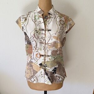 Citron XS Santa Monica silk Floral Print Cap Sleeve Top knit buttons great cond